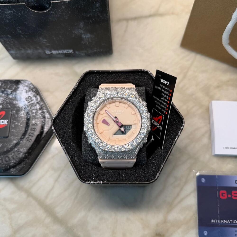 White on light pink men's adjustable iced out watch